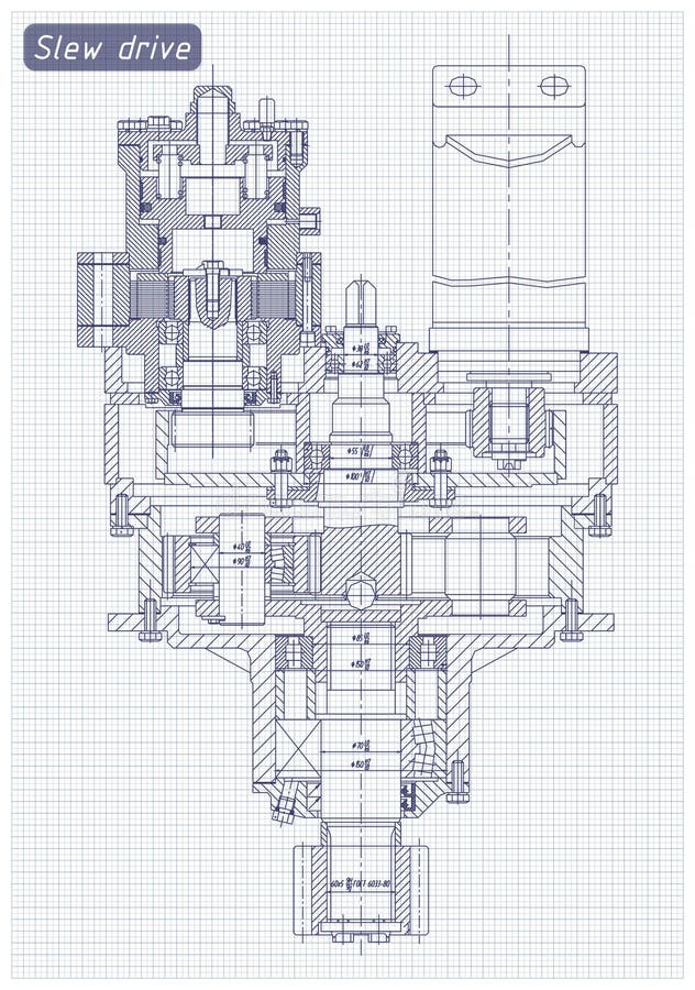 Engineering sketch. Slew drive. stock illustration Engineering sketch. Slew drive. stock illustration