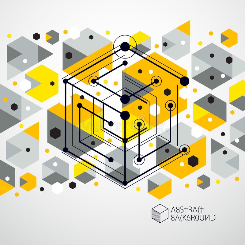 Engineering technological yellow vector 3D wallpaper made with cubes and lines. Illustration of engineering system, abstract