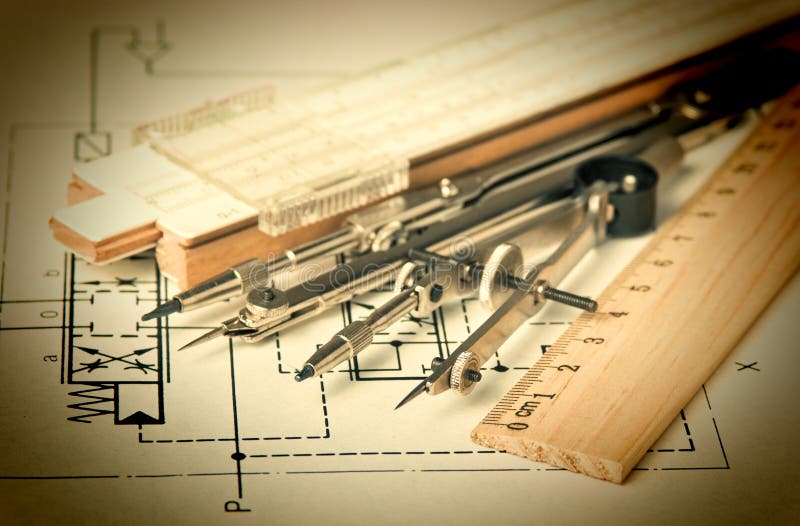 Engineering Tools on Technical Drawing Stock Image Image of industry, pattern 142762915