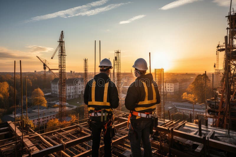 Engineers and architects discussing the plans for a new building at construction yard. AI Generated royalty free illustration