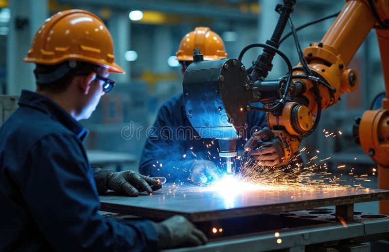 Engineers control robot arm machine welding steel. Workers use forcing welding control screen for precision. Automation welding royalty free illustration