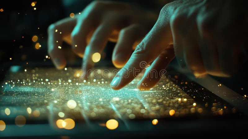 Engineers designing innovative manufacturing process on futuristic tablet stock photos