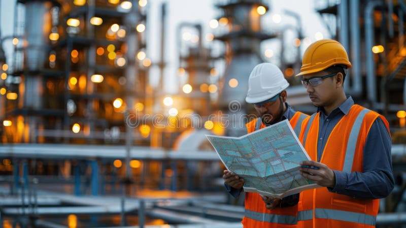 Engineers Reviewing Blueprint at Petroleum Refinery Plant in Evening Light. stock illustration