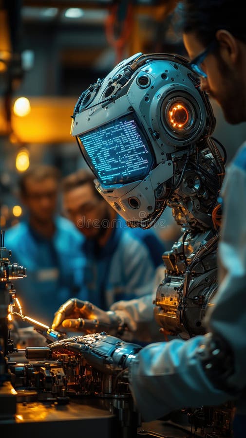 Engineers collaborate to program advanced robot in high-tech workshop setting stock images