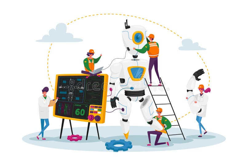 Engineers Make and Programming Robot. Robotics Hardware and Software