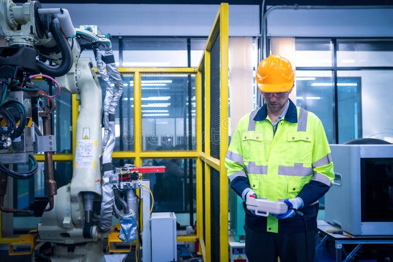 Engineers mechanic using computer controller Robotic arm for welding steel in steel factory workshop. Industry robot programming stock photo