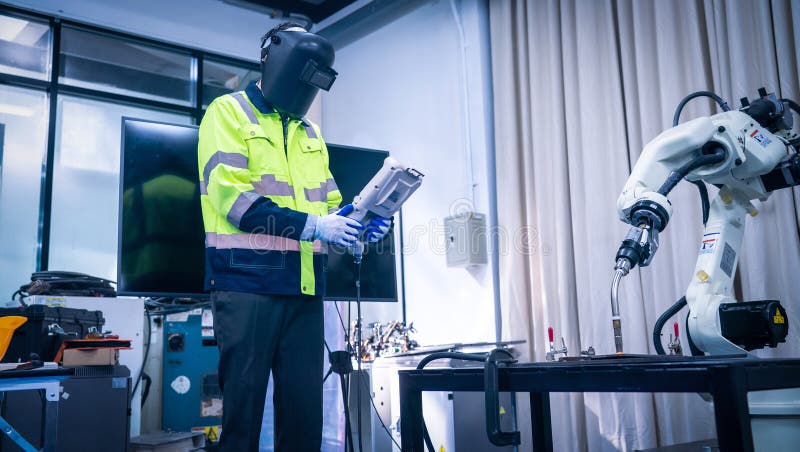 Engineers mechanic using computer controller Robotic arm for welding steel in steel factory workshop. Industry robot programming royalty free stock photos