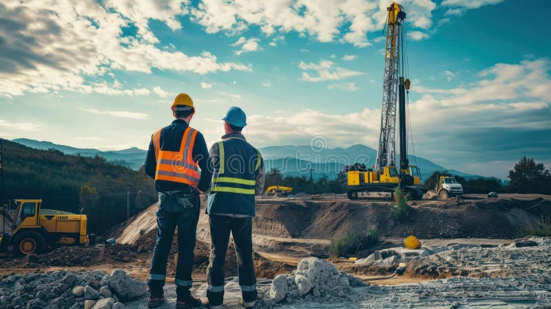 Engineers monitoring fracking activities stock illustration