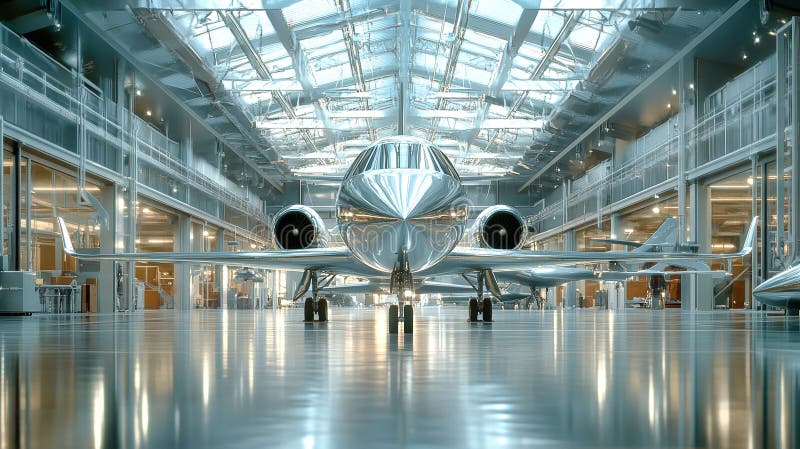 Engineers and technicians collaborate in a cutting-edge aerospace facility, where sleek aircraft await repairs and innovative stock illustration