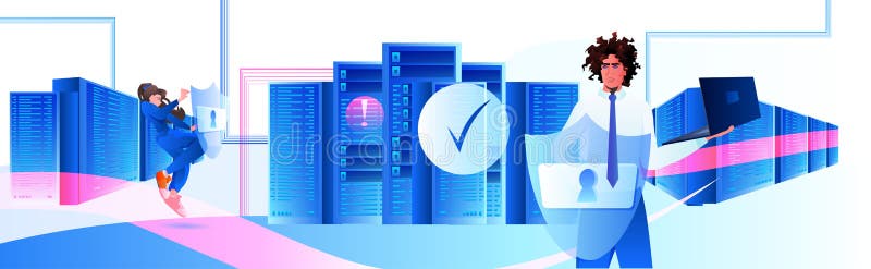 Engineers using laptop database server protection big data privacy security concept horizontal vector illustration