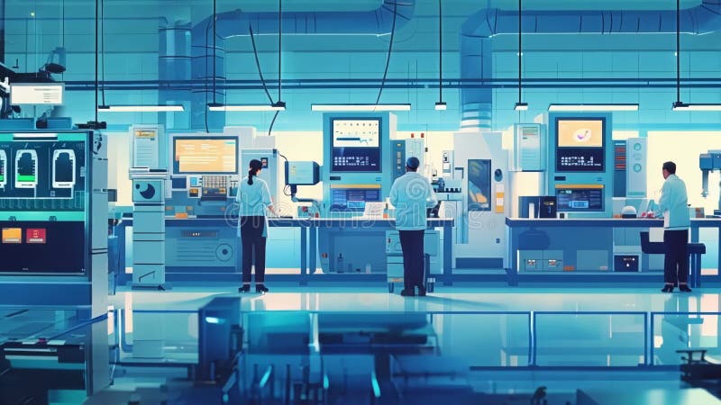 Engineers working in semiconductor manufacturing factory royalty free illustration