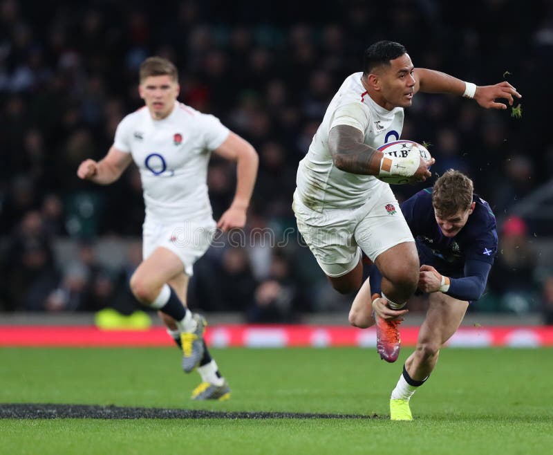 LONDON, ENGLAND - MARCH 16 2019: Manu Tuilagi of England during the Guinness Six Nations match between England and Scotland at Twickenham Stadium. LONDON, ENGLAND - MARCH 16 2019: Manu Tuilagi of England during the Guinness Six Nations match between England and Scotland at Twickenham Stadium