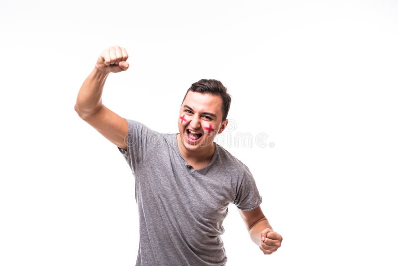 England win. Victory, happy and goal scream emotions of England football fan in game support of England national team on white bac stock image England win. Victory, happy and goal scream emotions of England football fan in game support of England national team on white bac stock image
