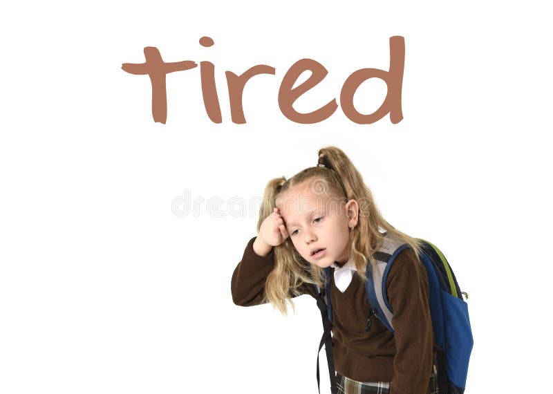 Englische Erlernen- der Sprachevokabularschulkarte mit Wort ermüdete und süßes schönes kleines Schulmädchen lizenzfreies stockfoto Englische Erlernen- der Sprachevokabularschulkarte mit Wort ermüdete und süßes schönes kleines Schulmädchen lizenzfreies stockfoto