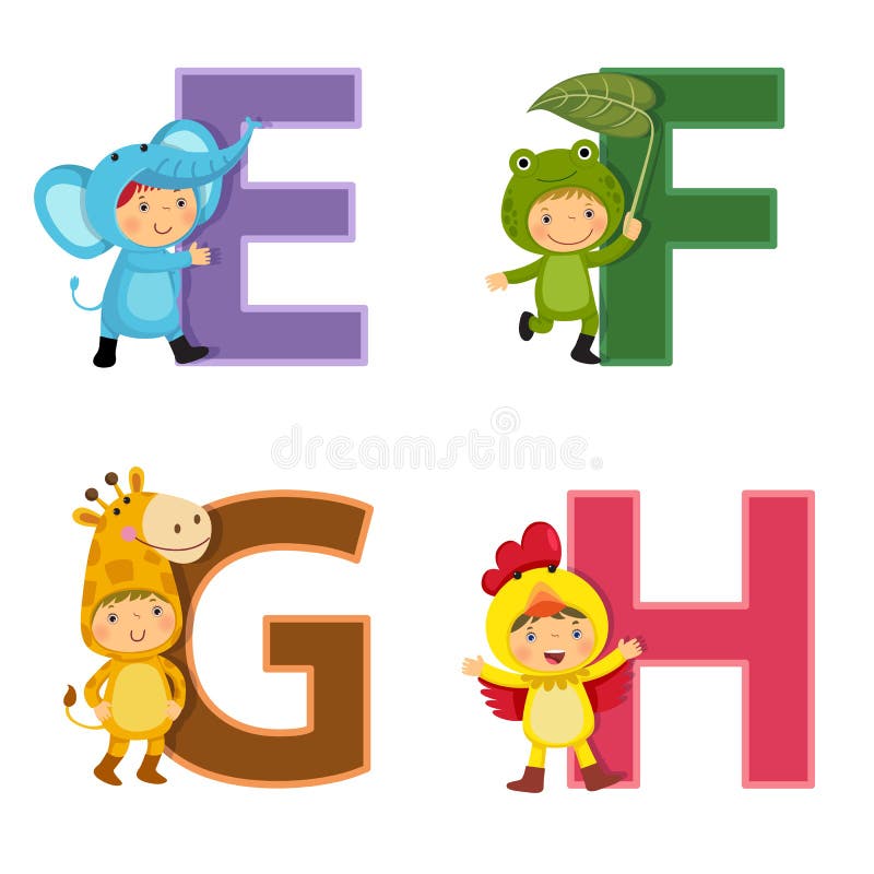 Englisches Alphabet mit Kindern im Tierkostüm, e- bis h-Buchstaben