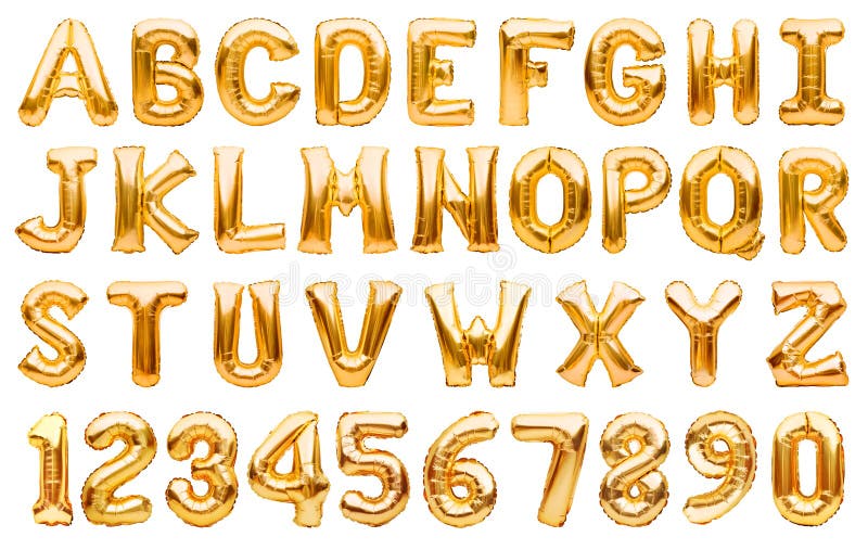Englisches Alphabet und Zahlen von den goldenen aufblasbaren Heliumballonen isoliert auf Weiß Goldfolien-Ballonguß, volles Alphab