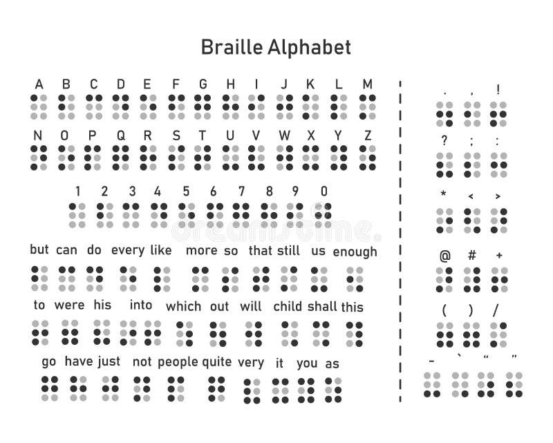 Englisches Alphabet und Zahlen werden mit Blindenschrift verziert Wörter und Interpunktionszeichen stock abbildung