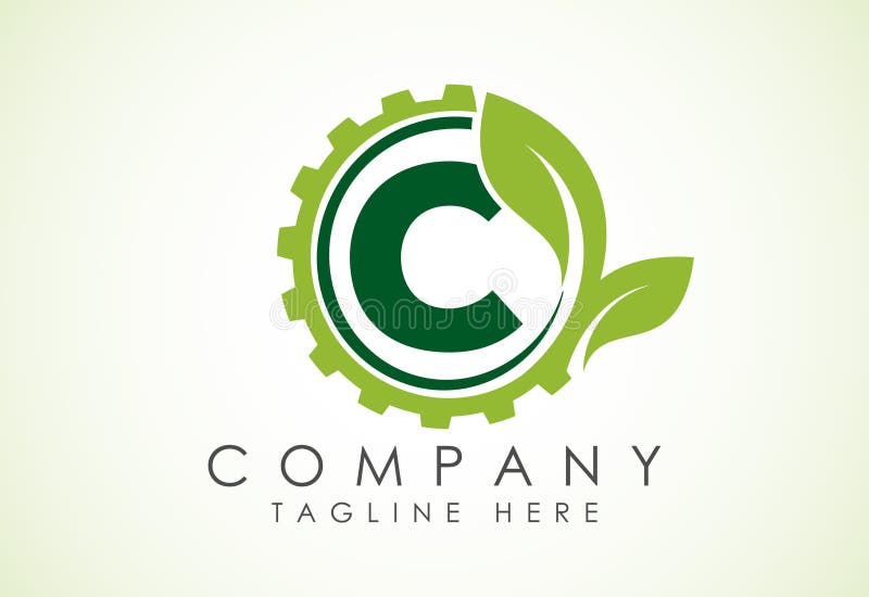 English alphabet C with gear and leaf. Eco technology logo, Green eco tech logo template design vector. Nature Industry