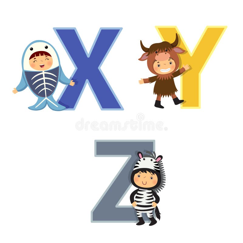 English alphabet with kids in animal costume, X to Z letters