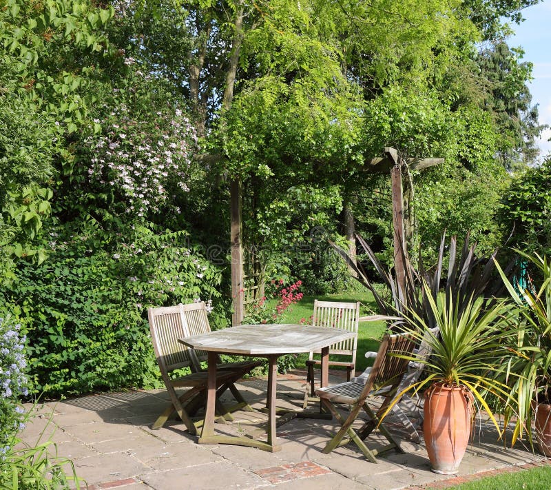 Patio Area of an English Back Garden Stock Image Image of pergola