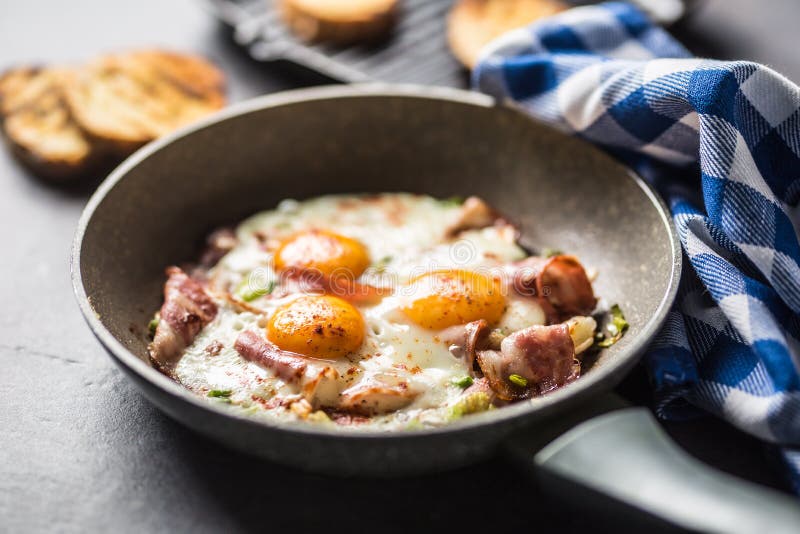 English Breakfast Fried Bacon Ham and Eggs in Ceramic Pan Stock Image