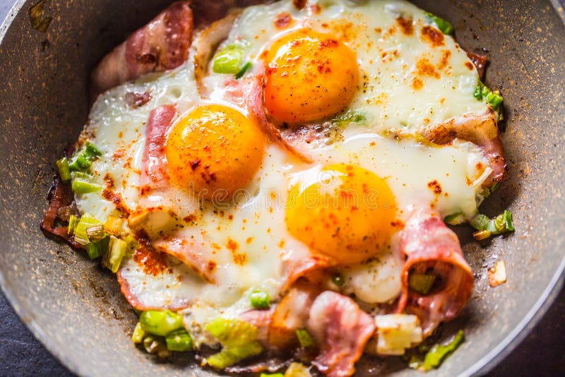 English Breakfast Fried Bacon Ham and Eggs in Ceramic Pan Stock Image ...