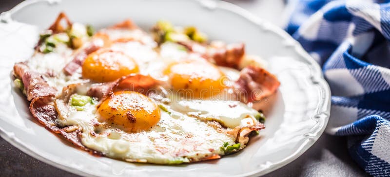 English Breakfast Fried Bacon Ham and Eggson White Plate Stock Photo