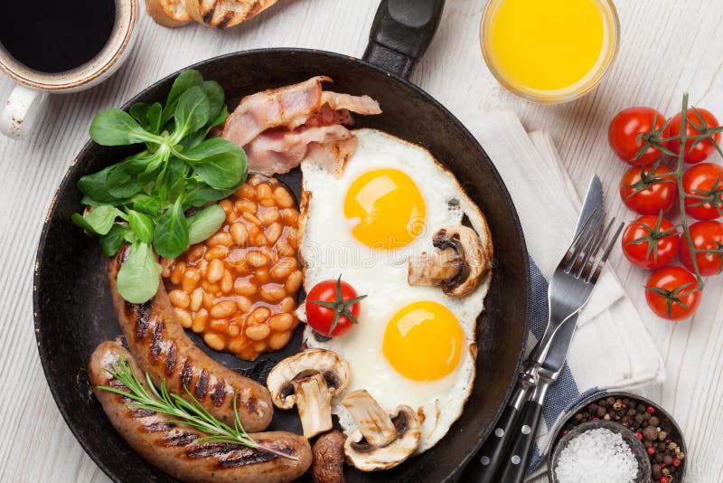 English Breakfast. Fried Eggs, Sausages, Bacon Stock Image - Image of ...