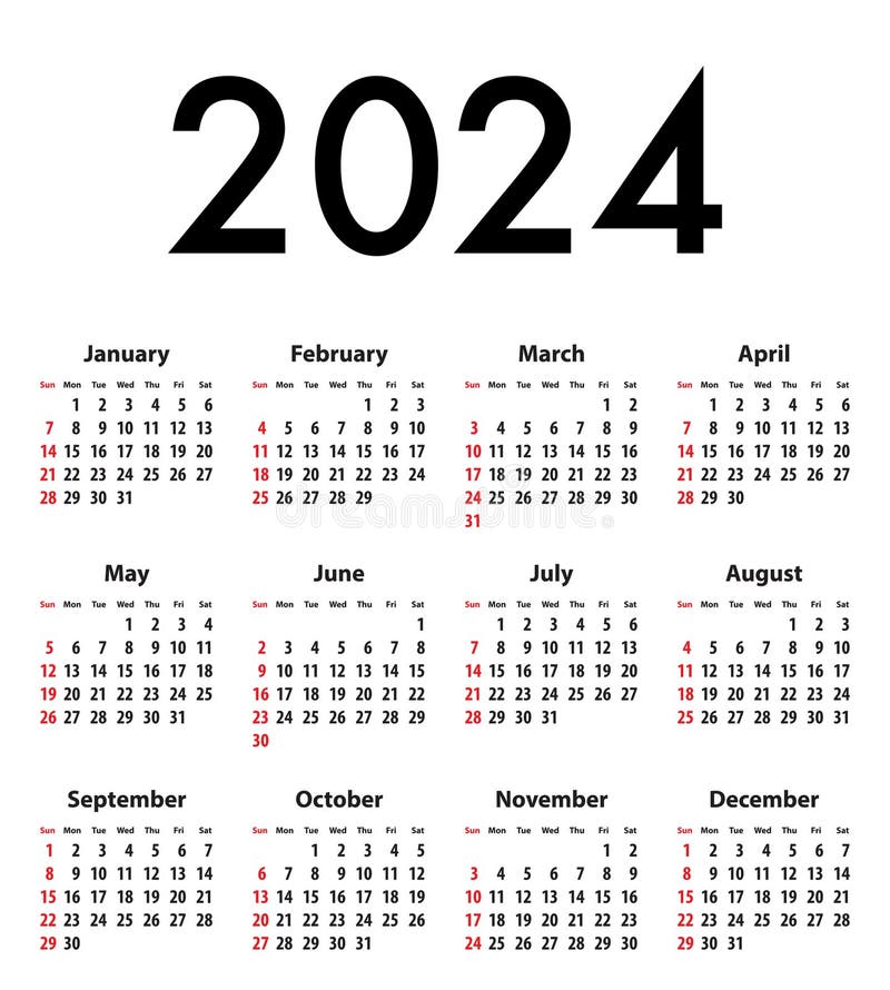 English Calendar for 2024. Week Starts on Sunday Stock Vector