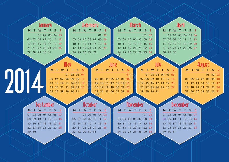 2014 english calendar with hexagons