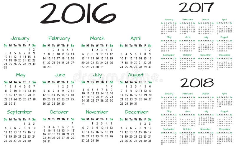 English Calendar 2016-2017-2018 vector