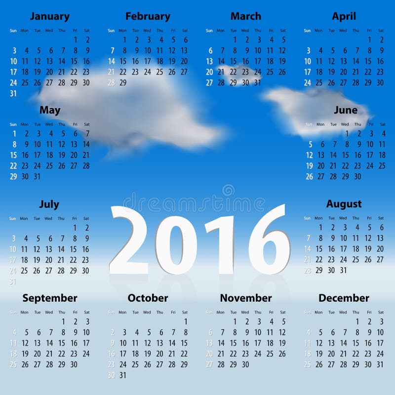 English Calendar For 2016 Year With Clouds Stock Vector Illustration 