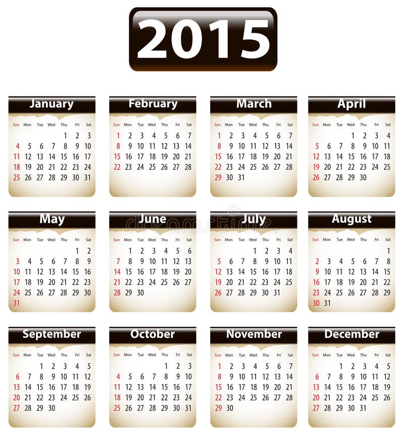 2015 English Planner Calendar with Horizontal Months Stock Vector