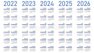 English Calendars Set For 2022 2023 2024 2025 2026 Stock Vector 