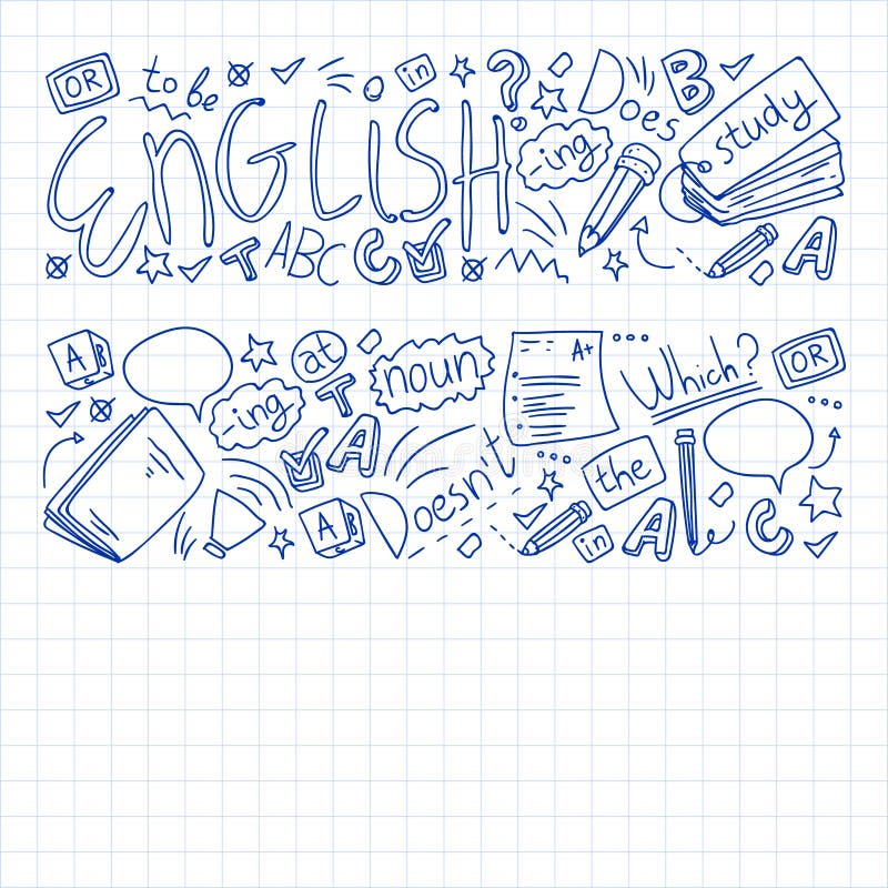 English Courses Doodle Vector Concept Illustration Of Learning English