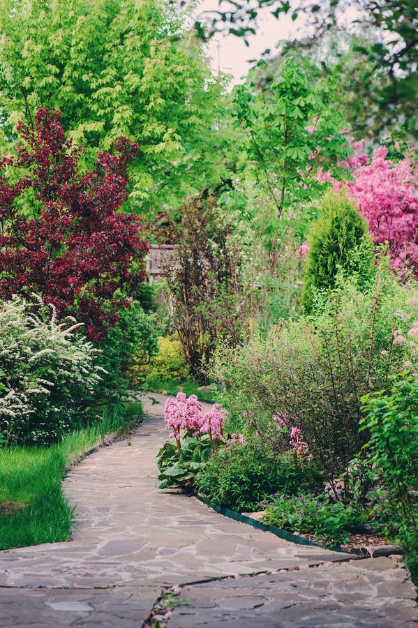 English garden in spring. Beautiful view with blooming trees and shrubs.