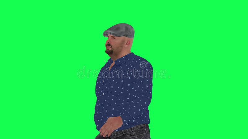 English gros homme en chemise bleue et pantalon et chapeau gris parlant de la vue droite sur illustration de vecteur