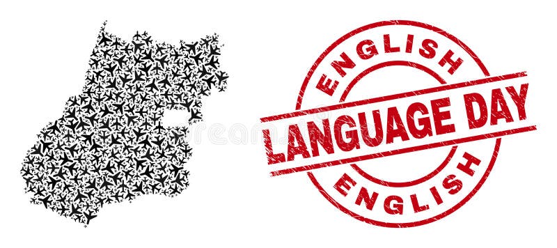 English Language Day Rubber Stamp Seal and Goias State Map Jet Vehicle Mosaic vector illustration