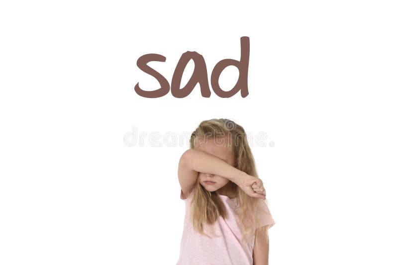 English language learning vocabulary school card with word sad and sweet young little schoolgirl stock photos English language learning vocabulary school card with word sad and sweet young little schoolgirl stock photos