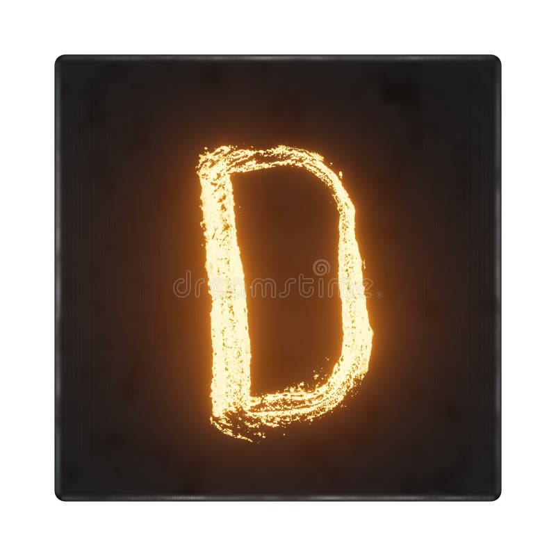 English letter D. The letters in the form of hot metal in a dark box with tecture. 3d render