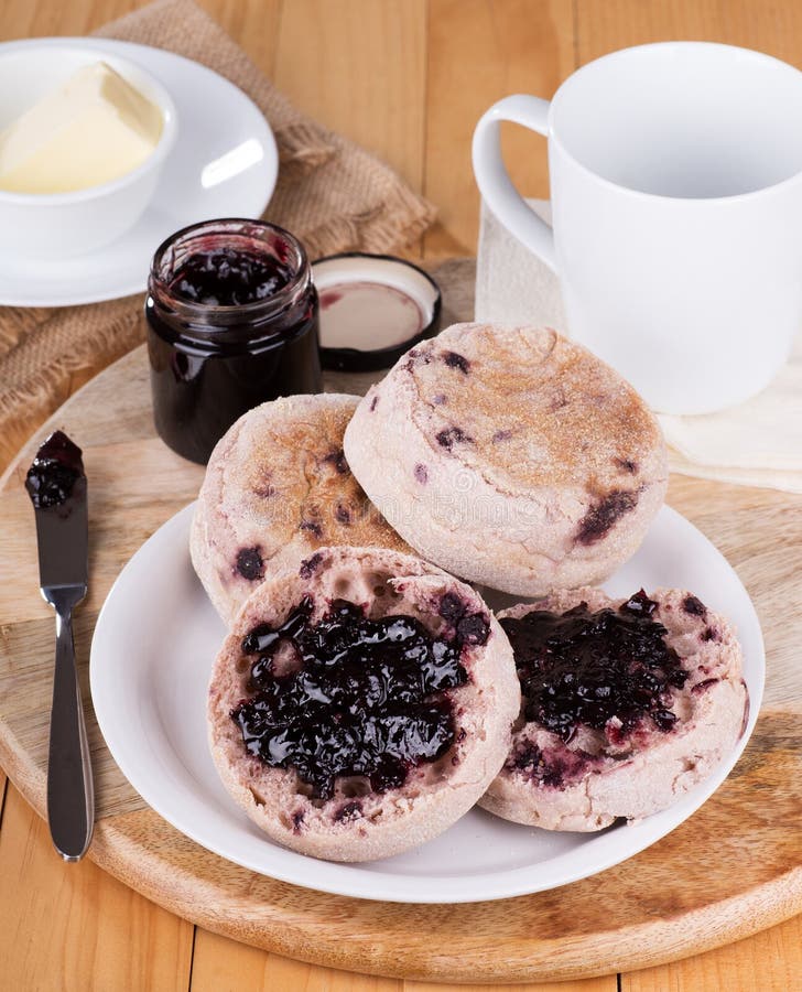 English Muffins with Blueberry Jam Stock Photo Image of wooden, bread
