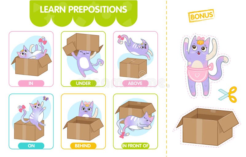 English Prepositions Worksheets. Educational Visual Cartoon Flashcards for  Language Learners. Stock Vector - Illustration of preschool, educational:  237808413
