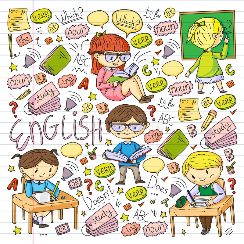 English school for children. Learn language. Education vector illustration. Kids drawing doodle style image. vector illustration