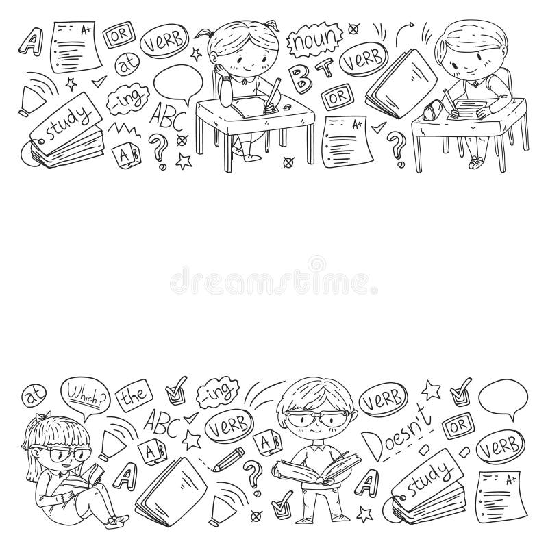 English school for children. Learn language. Education vector illustration. Kids drawing doodle style image. royalty free illustration