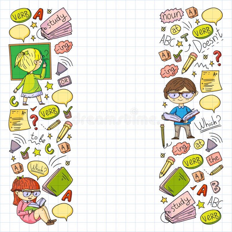 English school for children. Learn language. Education vector illustration. Kids drawing doodle style image. stock illustration
