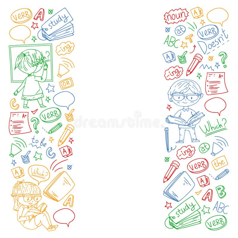 English school for children. Learn language. Education vector illustration. Kids drawing doodle style image. stock illustration