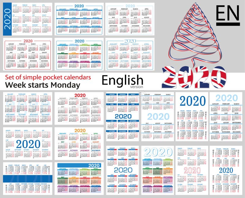 English Set of Pocket Calendars for 2020 Stock Vector Illustration of