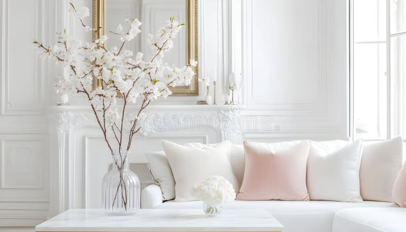 English style cottage interior in romantic colours, delicate patterns, vintage furnishings, evoking the timeless charm stock photos