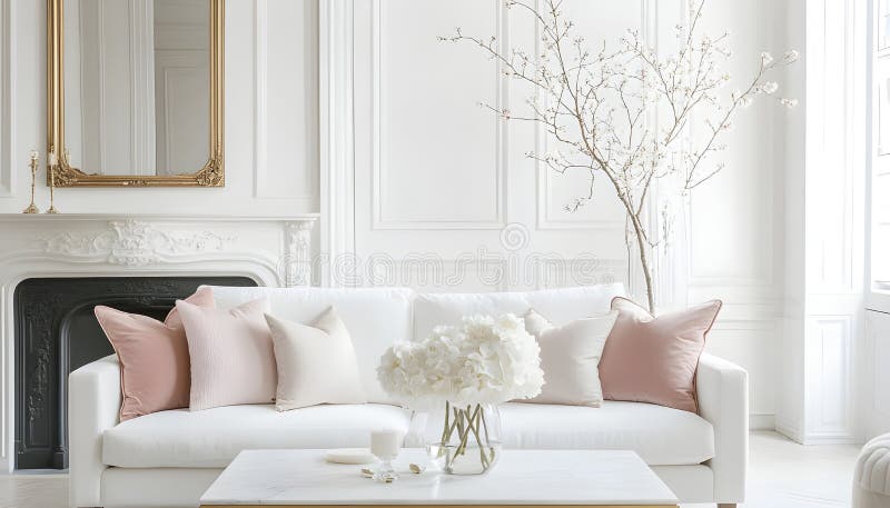 English style cottage interior in romantic colours, delicate patterns, vintage furnishings, evoking the timeless charm royalty free stock images