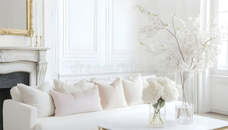 English style cottage interior in romantic colours, delicate patterns, vintage furnishings, evoking the timeless charm royalty free stock photo